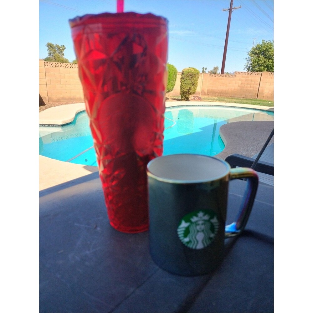 Starbucks Iridescent Logo Mug & Red Plastic Tumbler Cup, Coffee & Tea Theme